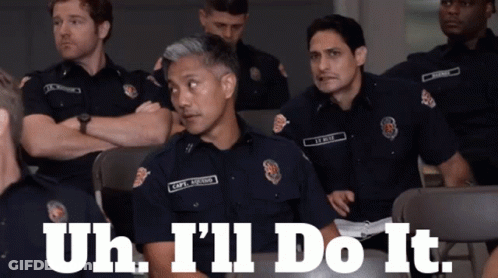 A Group Of Police Officers Are Sitting In A Room With The Words " Uh I 'Ll Do It " GIF