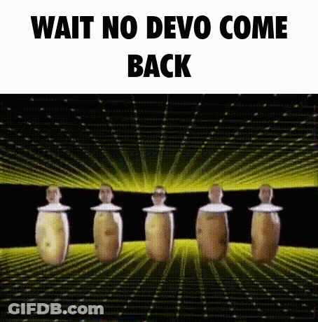 A Group Of Potatoes Are Standing Next To Each Other In A Row With The Words `` Wait No Devo Come Back '' . GIF