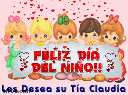 A Group Of Precious Moments Children Holding A Sign That Says " Feliz Dia Del Niño " GIF