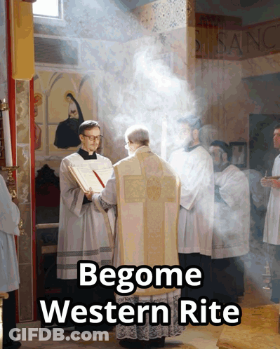 A Group Of Priests Are Gathered In A Church With The Words Begone Western Rite Written On The Bottom GIF