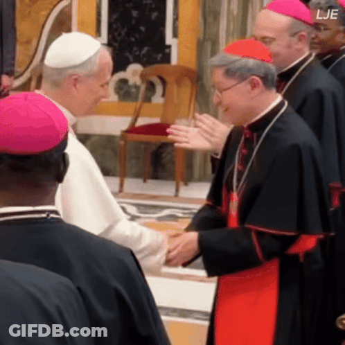 A Group Of Priests Wearing Purple Hats With The Letters Lje In The Corner GIF