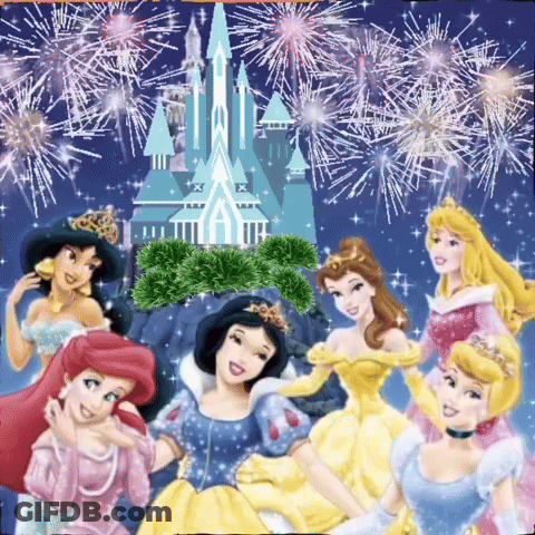 A Group Of Princesses Are Posing In Front Of A Castle And Fireworks GIF