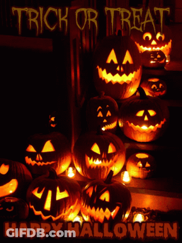 A Group Of Pumpkins With The Words Trick Or Treat Happy Halloween On The Bottom GIF