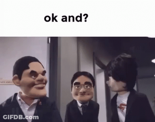 A Group Of Puppet Men Are Standing Next To Each Other In A Hallway . GIF