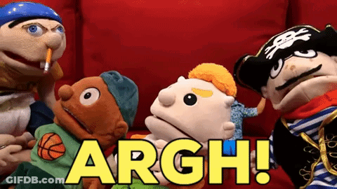 A Group Of Puppets Are Sitting On A Red Couch And The Word Argh Is Written In Yellow Letters GIF
