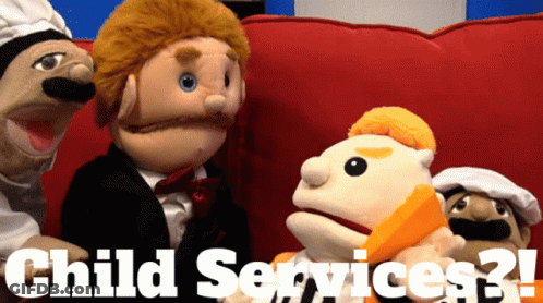 A Group Of Puppets Are Sitting On A Red Couch With The Words Child Services Written Above Them GIF