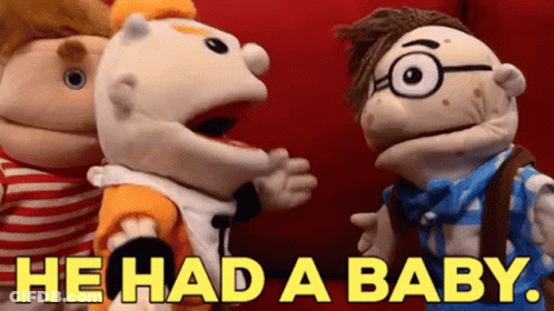 A Group Of Puppets Are Standing Next To Each Other With The Words He Had A Baby Written In Yellow GIF