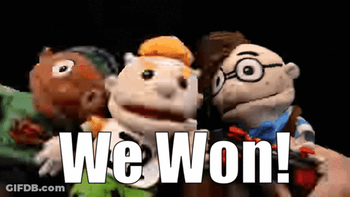 A Group Of Puppets Standing Next To Each Other With The Words We Won Written On The Bottom GIF
