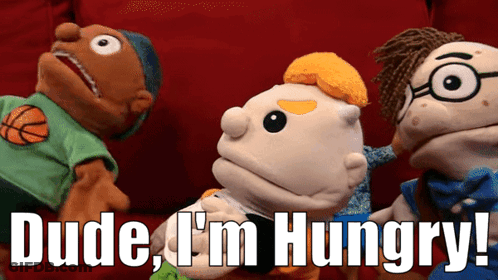 A Group Of Puppets With The Words Dude I 'M Hungry Written Above Them GIF