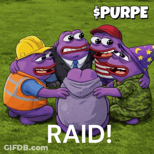A Group Of Purple Frogs Are Hugging Each Other With The Words Raid Written On The Bottom GIF