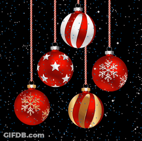 A Group Of Red And White Christmas Ornaments Hanging From Candy Canes GIF