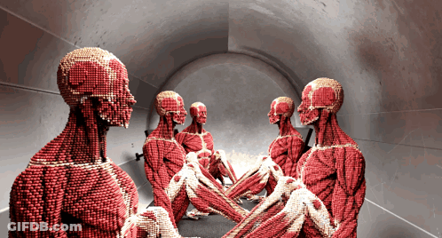 A Group Of Red Muscles Are Sitting In A Room GIF