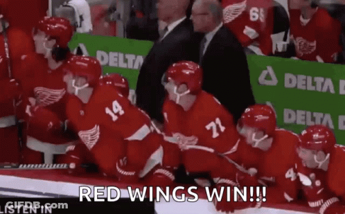 A Group Of Red Wings Hockey Players Are Sitting On The Ice GIF