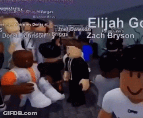 A Group Of Roblox Characters Are Standing In A Room With The Name Elijah Written On The Bottom . GIF