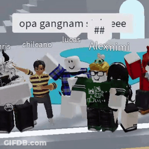 A Group Of Roblox Characters Including Alexmimi And Lucas Are Standing Together GIF