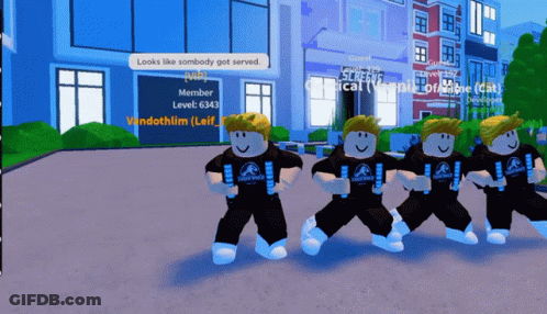 A Group Of Roblox Characters Standing In Front Of A Building GIF