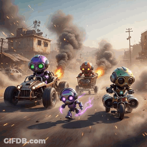 A Group Of Robots Are Driving Cars And Motorcycles On A Dirt Road GIF
