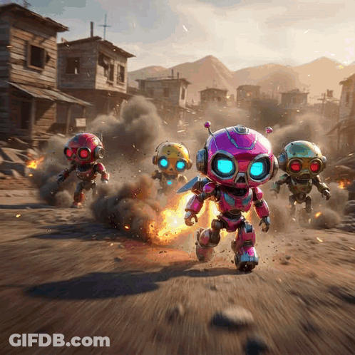 A Group Of Robots Are Running Through A Destroyed City GIF