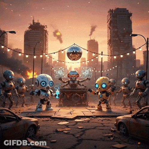 A Group Of Robots Are Standing Around A Disco Ball In A City GIF
