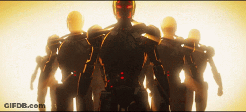 A Group Of Robots Are Standing In A Row And One Has Red Eyes GIF