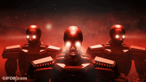 A Group Of Robots With Skulls On Their Heads GIF
