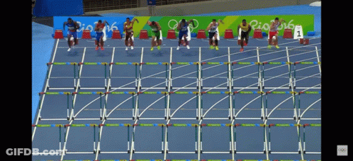 A Group Of Runners On A Track With Rio 2016 Written On The Wall Behind Them GIF