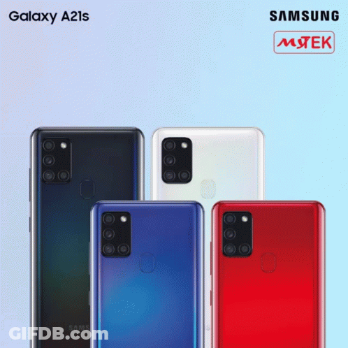 A Group Of Samsung Galaxy A21s Phones Are Lined Up GIF
