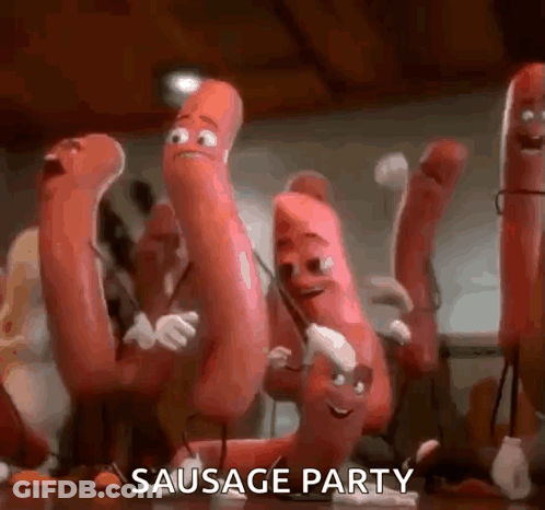 A Group Of Sausages Are Dancing In A Room With The Words Sausage Party In The Background . GIF