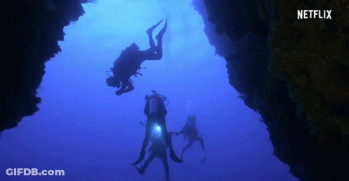 A Group Of Scuba Divers Are Swimming In The Ocean With A Netflix Logo Behind Them GIF
