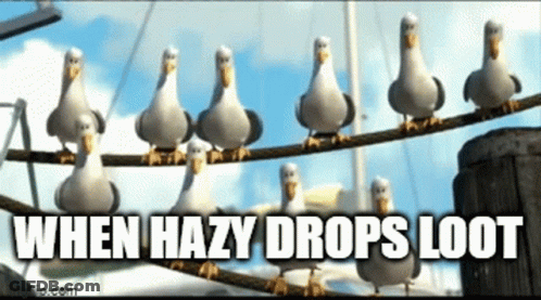 A Group Of Seagulls Sitting On A Wire With The Words `` When Hazy Drops Loot '' GIF