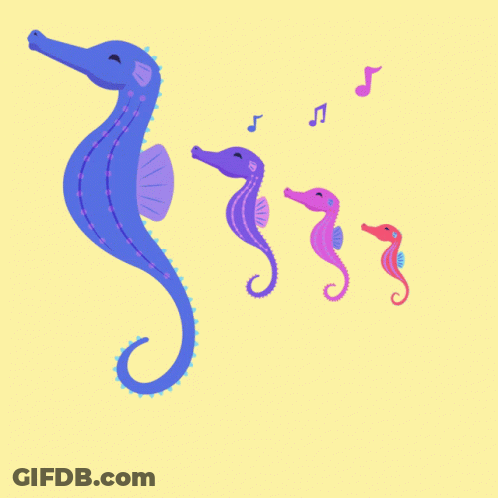 A Group Of Seahorses Are Singing Together With Pink Music Notes Behind Them GIF