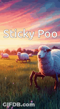 A Group Of Sheep Are Standing In A Field With The Words Sticky Poo On The Bottom GIF