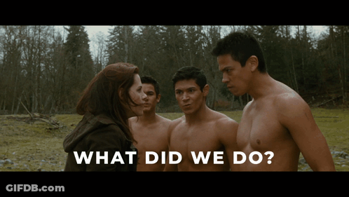 A Group Of Shirtless Men Are Standing In A Field With The Words What Did We Do GIF