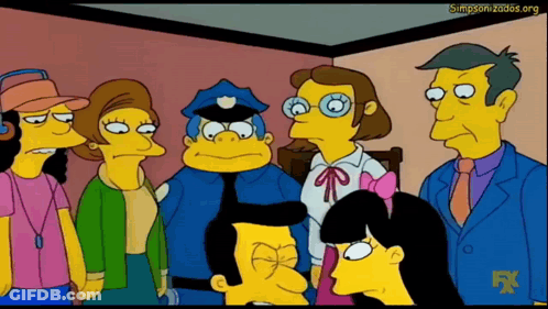 A Group Of Simpsons Characters Are Gathered Around A Man In A Police Uniform GIF
