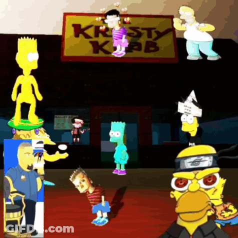A Group Of Simpsons Characters Standing In Front Of A Sign That Says Kristy Krab GIF
