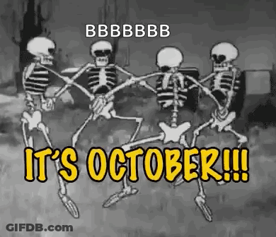 A Group Of Skeletons Are Dancing In A Cemetery With The Words `` It 'S October !!! '' . GIF