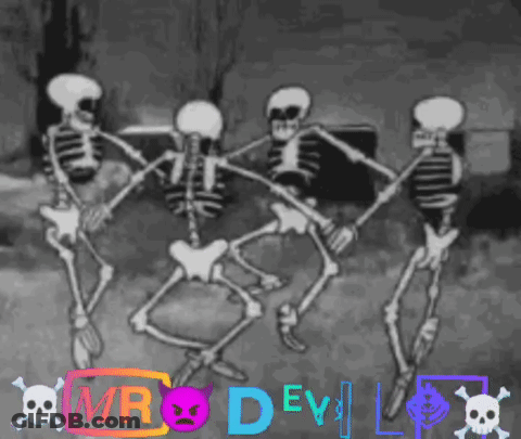 A Group Of Skeletons Are Dancing In A Circle With The Words Mr Devil Written In The Background GIF