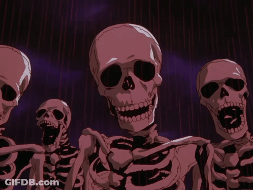 A Group Of Skeletons Are Standing In A Dark Room GIF