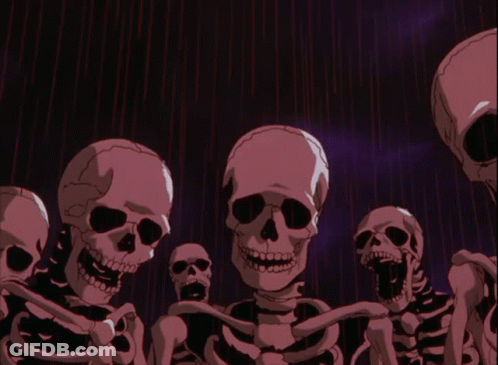 A Group Of Skeletons Are Standing In A Dark Room GIF
