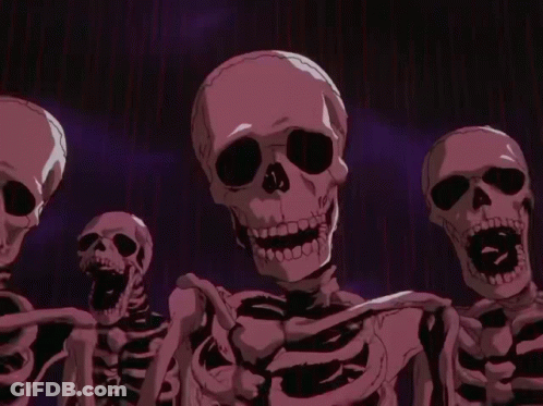 A Group Of Skeletons Are Standing Next To Each Other In A Dark Room GIF