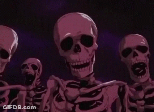 A Group Of Skeletons Are Standing Next To Each Other In A Dark Room GIF