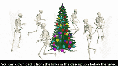 A Group Of Skeletons Standing Around A Christmas Tree With The Words " You Can Download It From The Links In The Descrip GIF