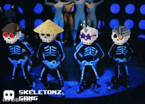 A Group Of Skeletons Standing Next To Each Other With The Words Skeletonz Gang Written Below Them GIF