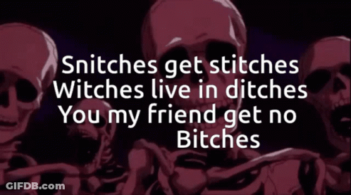 A Group Of Skeletons With The Words " Snitches Get Stitches Witches Live In Ditches " On The Bottom GIF