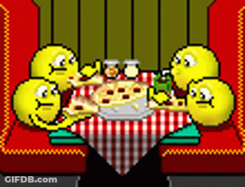 A Group Of Smiley Faces Are Sitting Around A Table With Pizza GIF