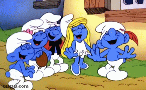 A Group Of Smurfs Are Laughing And Smiling In A Cartoon GIF