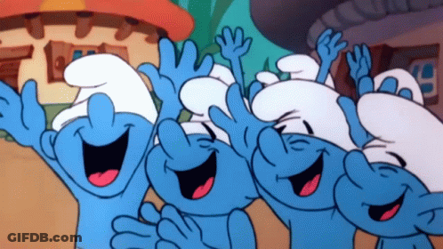 A Group Of Smurfs Are Laughing And Waving Their Arms In The Air GIF