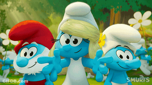 A Group Of Smurfs Standing Next To Each Other With The Word Smurfs On The Bottom GIF