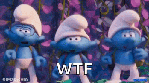 A Group Of Smurfs Standing Next To Each Other With The Words Wtf Written On Their Faces . GIF