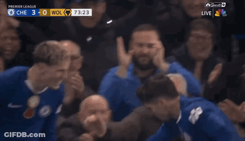 A Group Of Soccer Players Are Celebrating A Goal Against Wolves GIF